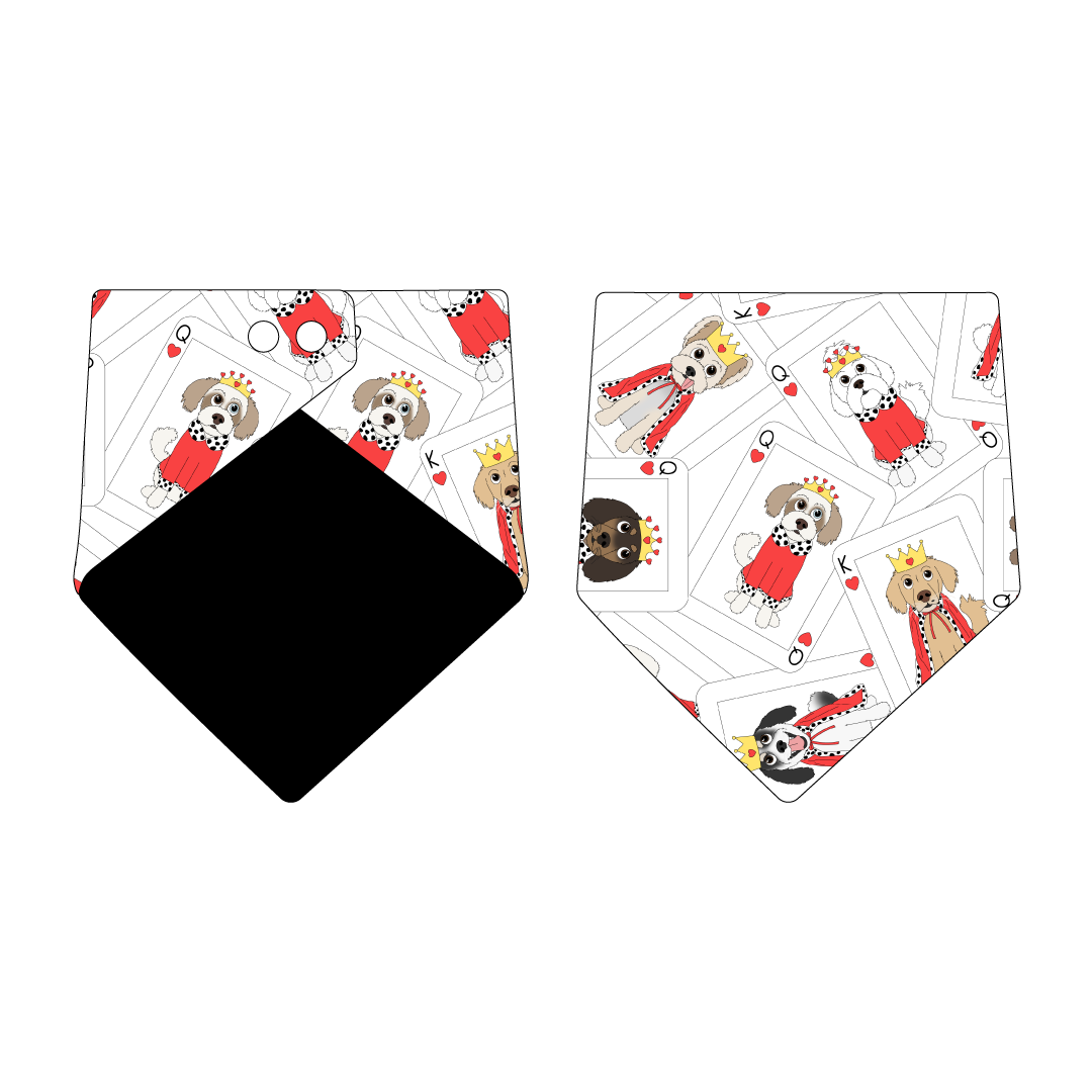 Bandana in a dog friendly pattern that shows boy and girl dogs dressed as kings and queens on playing cards. Design is reversible with solid black on the opposite side.