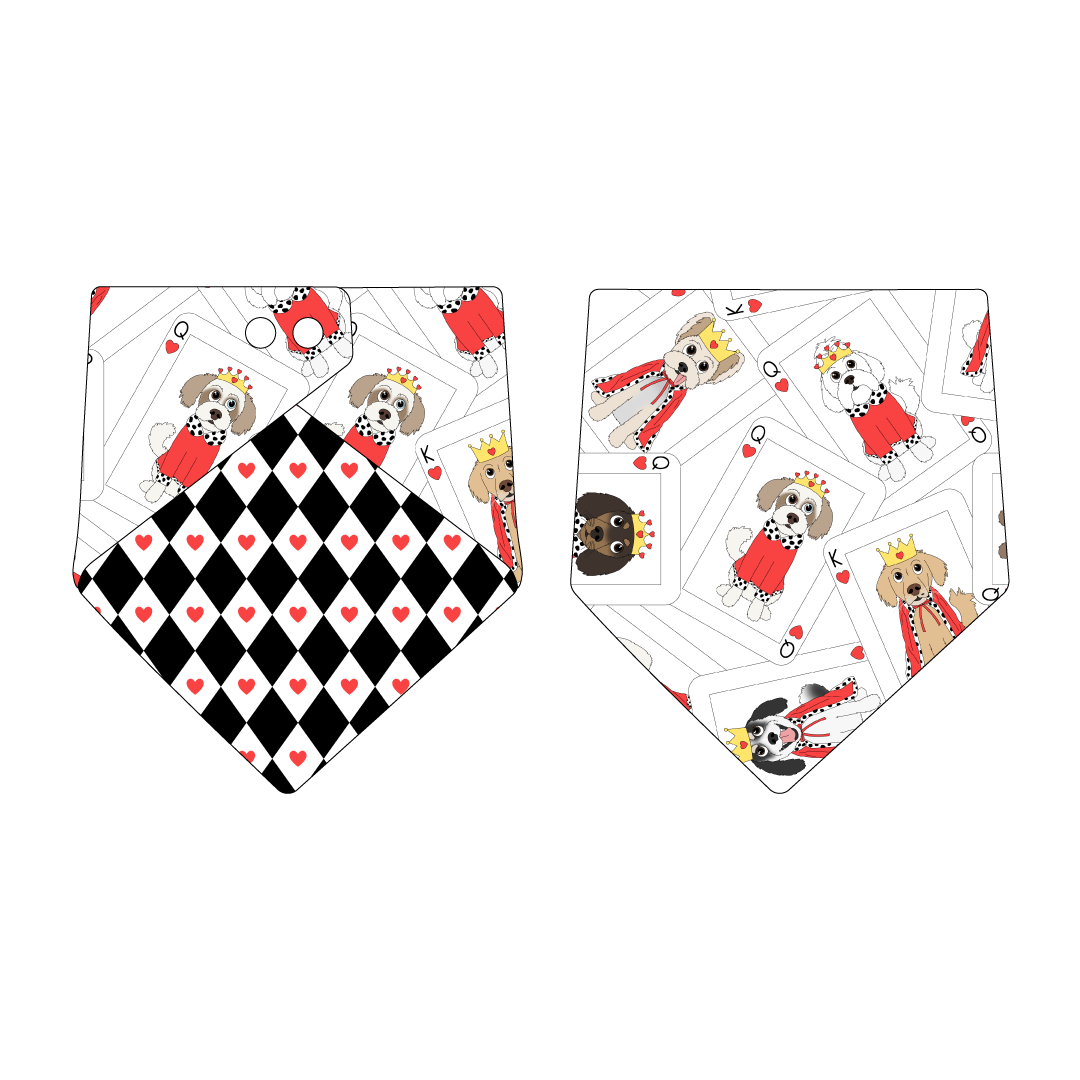 Bandana in a dog friendly pattern that shows boy and girl dogs dressed as kings and queens on playing cards. Design is reversible with black diamond and red heart on the opposite side.