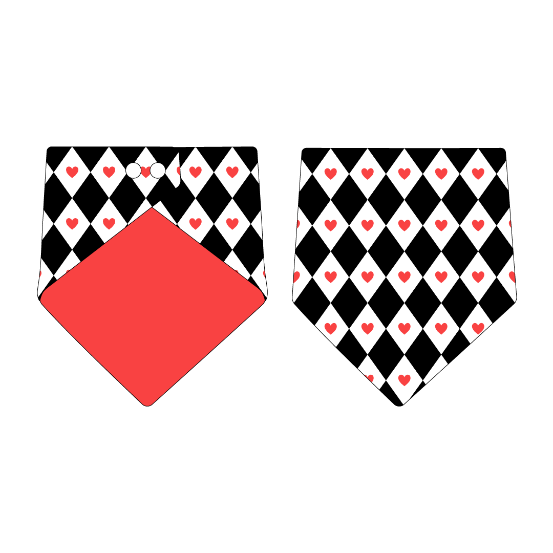 Bandana in a dog friendly pattern that shows black diamonds with red hearts. Design is reversible with solid red on the opposite side.