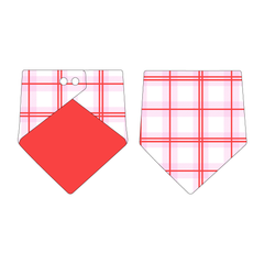 Bandana in a dog friendly pattern that shows red and pink plaid. Design is reversible with solid red on the opposite side.