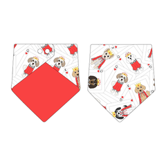 Bandana in a dog friendly pattern that shows boy and girl dogs dressed as kings and queens on playing cards. Design is reversible with solid red on the opposite side.