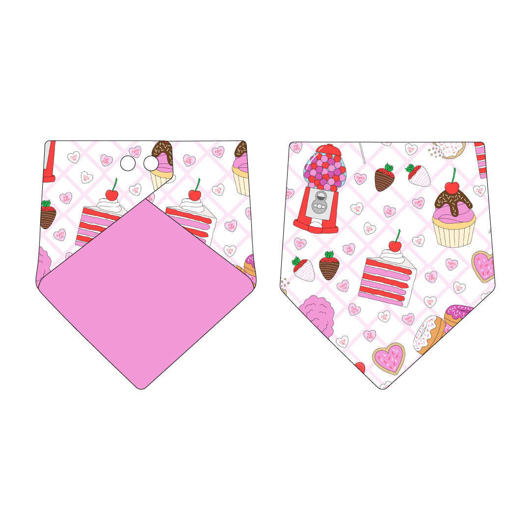 Bandana in a dog friendly pattern that shows a variety of sweet treats. Design is reversible with solid pink on the opposite side.