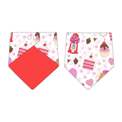 Bandana in a dog friendly pattern that shows a variety of sweet treats. Design is reversible with solid red on the opposite side.