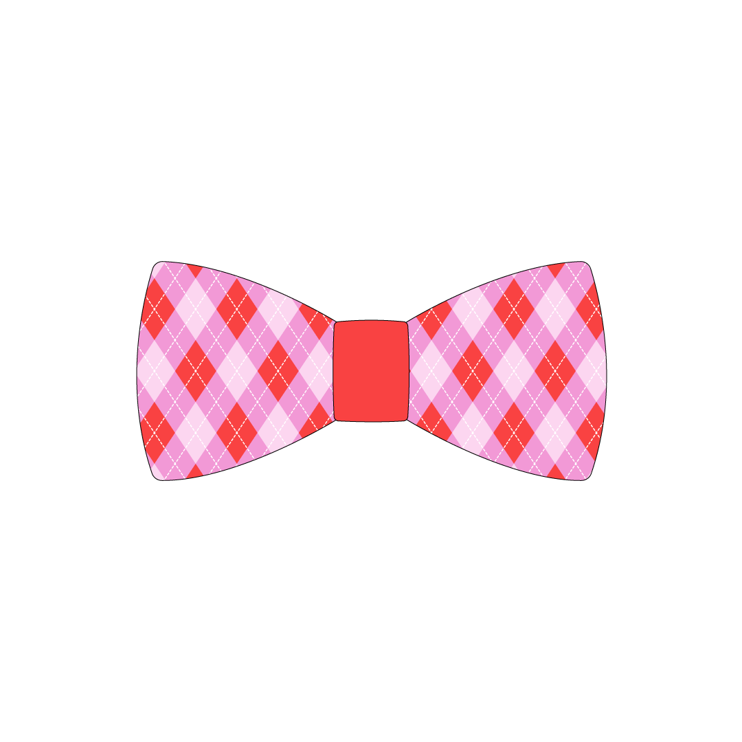 Bowtie in a dog friendly pattern that shows Valentine argyle plaid. The center is made from solid red trim. It's complete with attached elastic loops on the back to secure on dog collar.