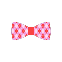 Bowtie in a dog friendly pattern that shows Valentine argyle plaid. The center is made from solid red trim. It's complete with attached elastic loops on the back to secure on dog collar.