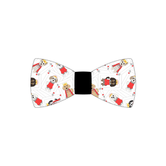 Bowtie in a dog friendly pattern that shows boy and girl dogs dressed as kings and queens on playing cards. The center is made from solid black trim. It's complete with attached elastic loops on the back to secure on dog collar.