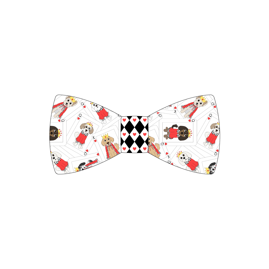 Bowtie in a dog friendly pattern that shows boy and girl dogs dressed as kings and queens on playing cards. The center is made from black diamond and red heart trim. It's complete with attached elastic loops on the back to secure on dog collar.