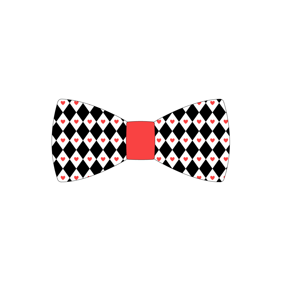 Bowtie in a dog friendly pattern that shows black diamonds with red hearts. The center is made from solid red trim. It's complete with attached elastic loops on the back to secure on dog collar.