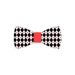 Bowtie in a dog friendly pattern that shows black diamonds with red hearts. The center is made from solid red trim. It's complete with attached elastic loops on the back to secure on dog collar.