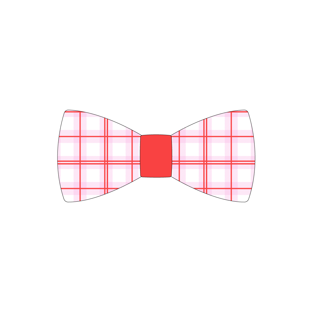 Bowtie in a dog friendly pattern that shows red and pink plaid. The center is made from solid red trim. It's complete with attached elastic loops on the back to secure on dog collar.