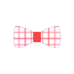 Bowtie in a dog friendly pattern that shows red and pink plaid. The center is made from solid red trim. It's complete with attached elastic loops on the back to secure on dog collar.