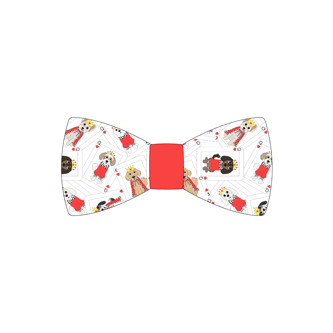 Bowtie in a dog friendly pattern that shows boy and girl dogs dressed as kings and queens on playing cards. The center is made from solid red trim. It's complete with attached elastic loops on the back to secure on dog collar.