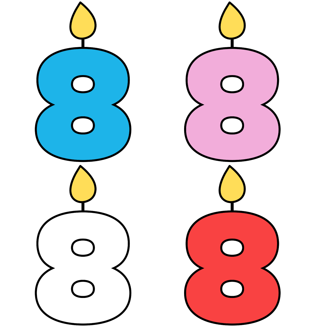 Celebratory candles, the number eight, in the colors white, blue, pink and red.