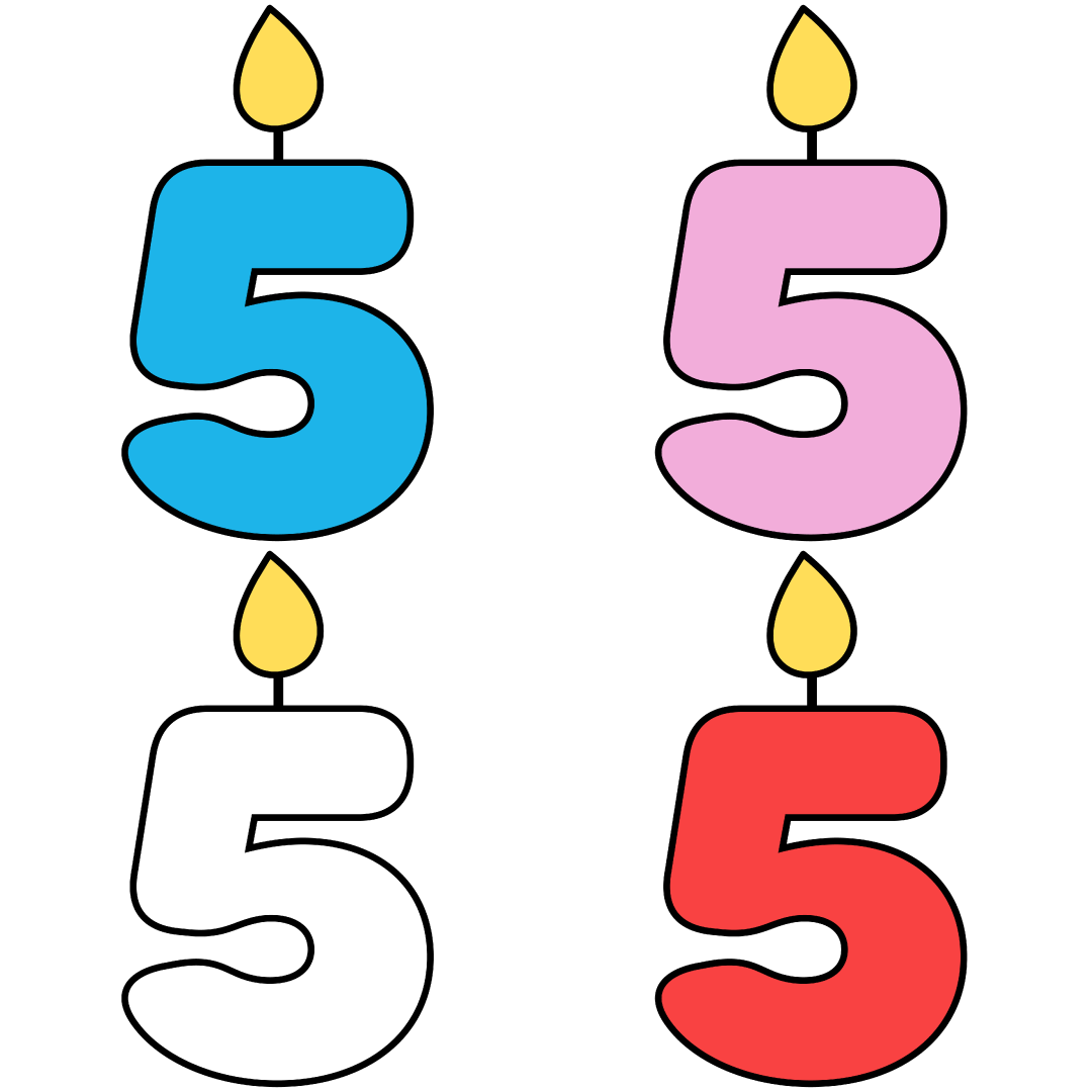 Celebratory candles, the number five, in the colors white, blue, pink and red.