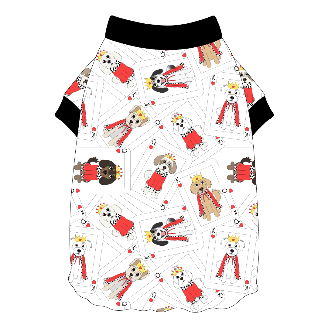 Tee shirt style with flutter hem in a dog friendly pattern that shows boy and girl dogs dressed as kings and queens on playing cards. It's complete with solid black trim on the neck and sleeves.