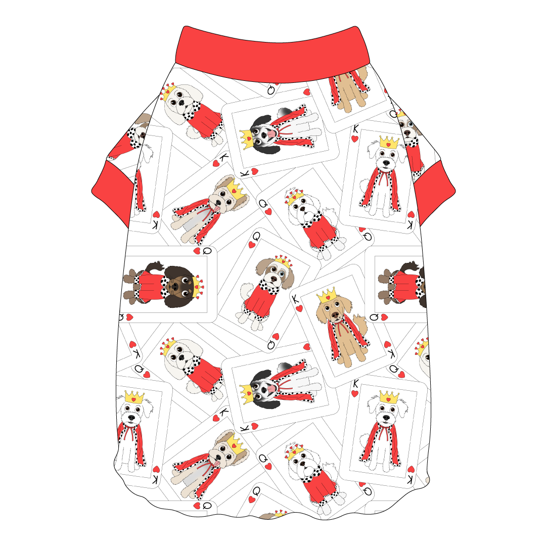 Tee shirt style with flutter hem in a dog friendly pattern that shows boy and girl dogs dressed as kings and queens on playing cards. It's complete with solid red trim on the neck and sleeves.