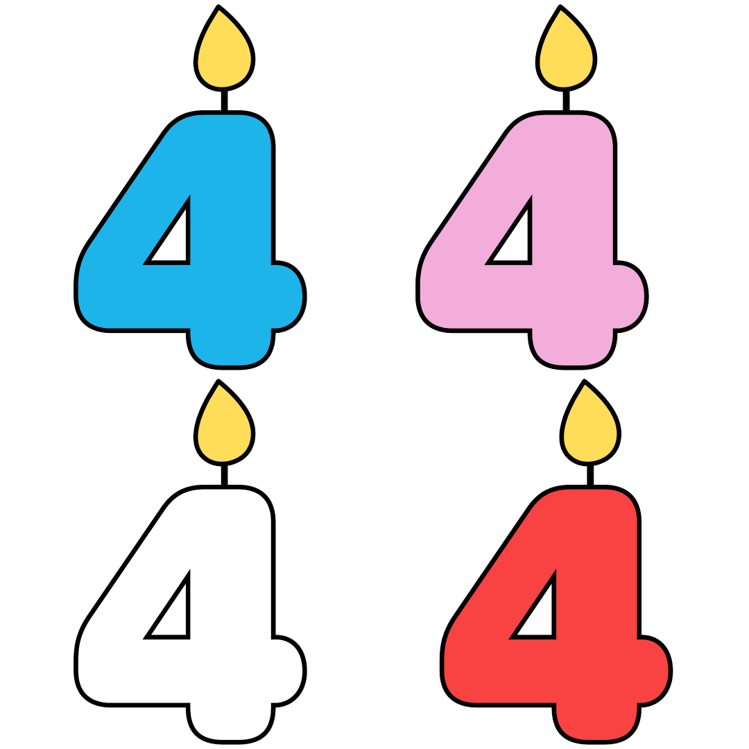 Celebratory candles, the number four, in the colors white, blue, pink and red.