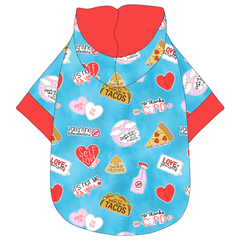 Hoodie in a dog friendly pattern that shows witty anti-Valentine phrases and fun images. It's complete with a hood lined in solid red trim, which is also found on the sleeve edges and waist.