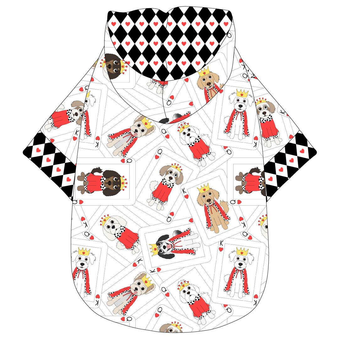 Hoodie in a dog friendly pattern that shows boy and girl dogs dressed as kings and queens on playing cards. It's complete with a hood lined in black diamond and red heart trim, which is also found on the sleeve edges and waist.