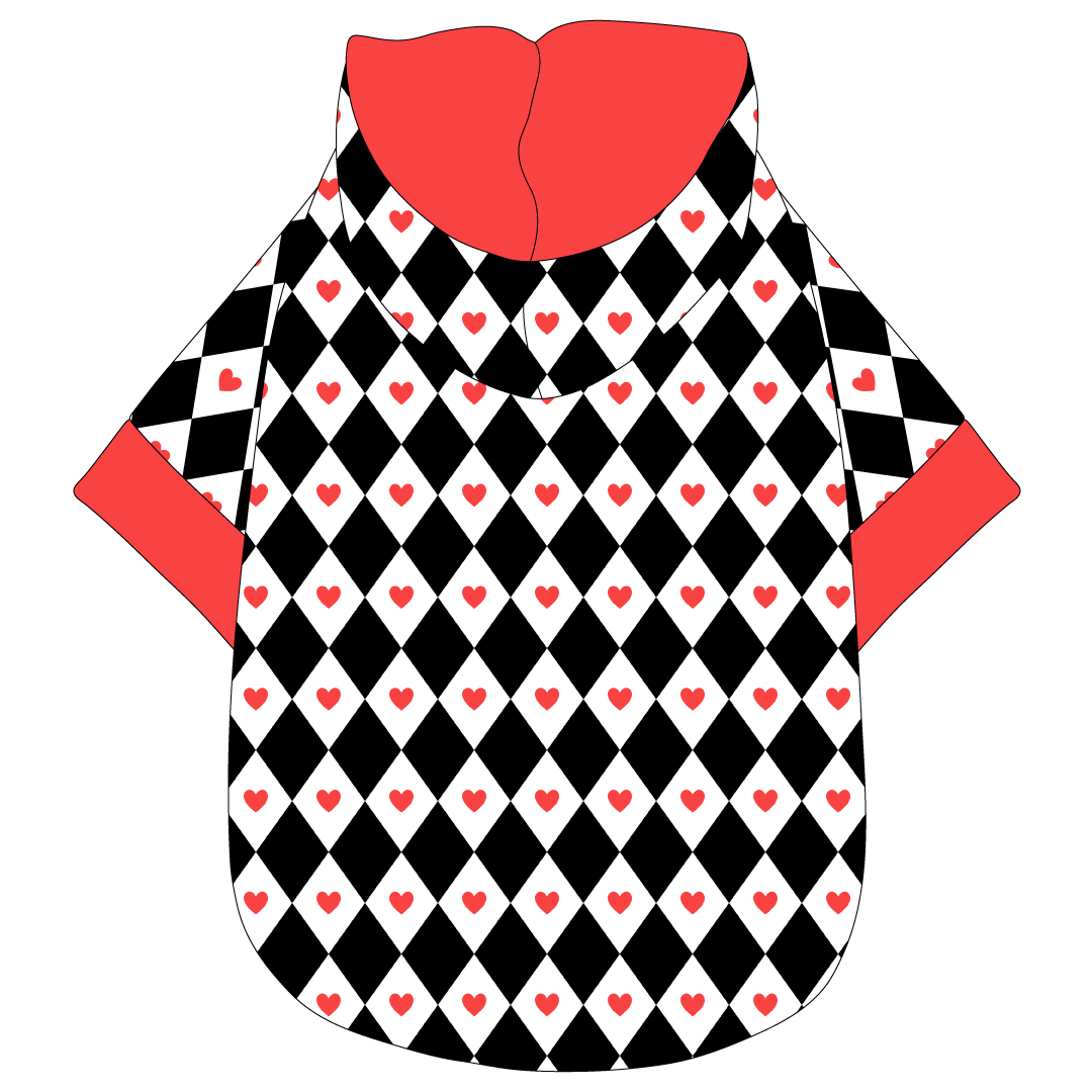 Hoodie in a dog friendly pattern that shows black diamonds with red hearts. It's complete with a hood lined in solid red trim, which is also found on the sleeve edges and waist.