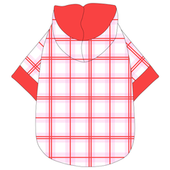 Hoodie in a dog friendly pattern that shows red and pink plaid. It's complete with a hood lined in solid red trim, which is also found on the sleeve edges and waist.