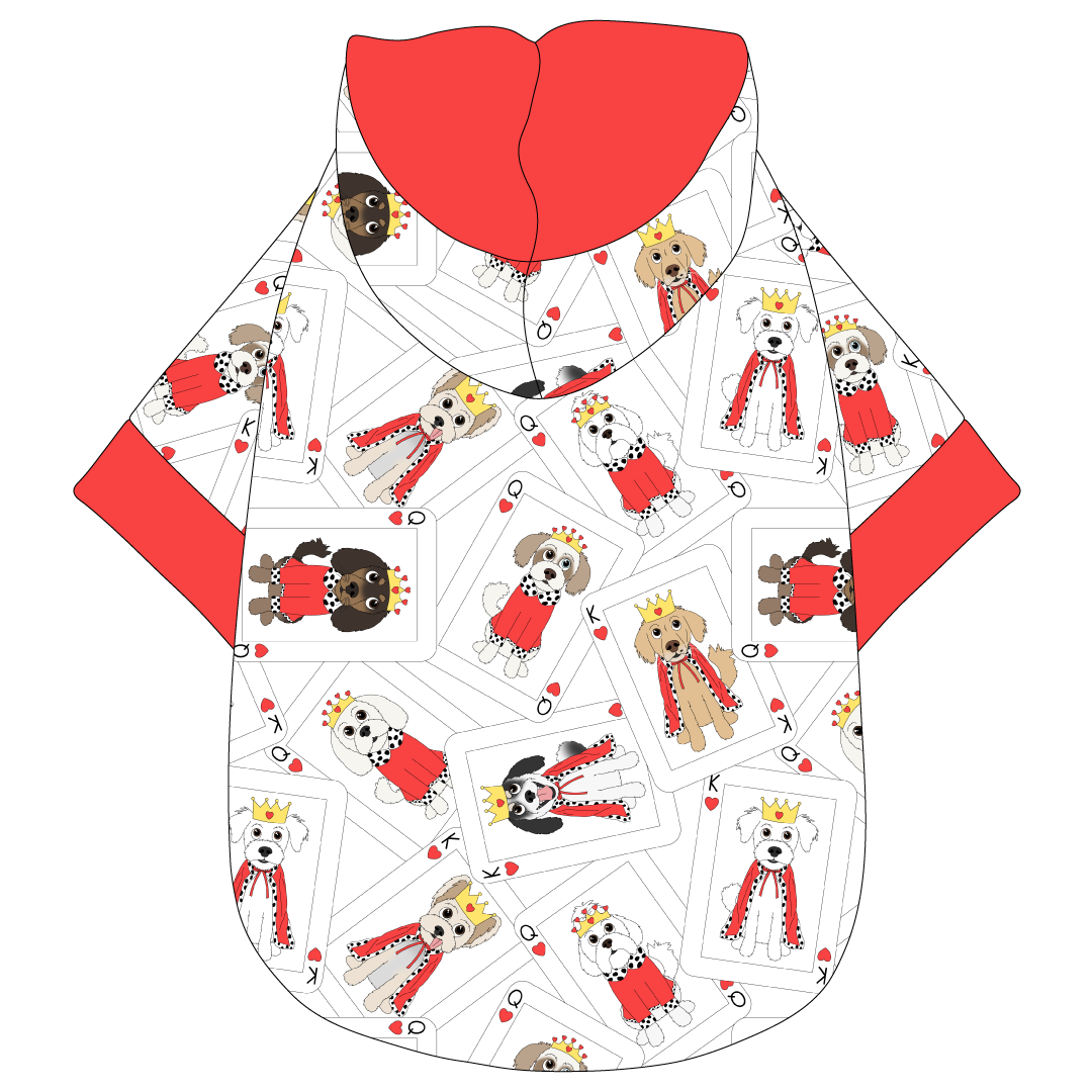 Hoodie in a dog friendly pattern that shows boy and girl dogs dressed as kings and queens on playing cards. It's complete with a hood lined in solid red trim, which is also found on the sleeve edges and waist.