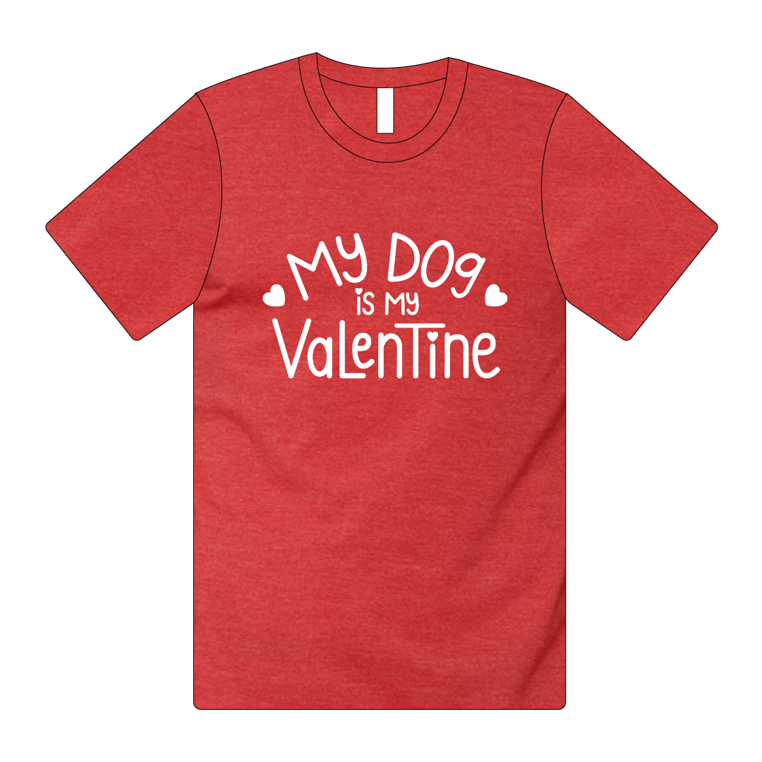 The Bella + Canvas Unisex Tee comes in Heather Red. In white lettering, it reads "My Dog Is My Valentine".