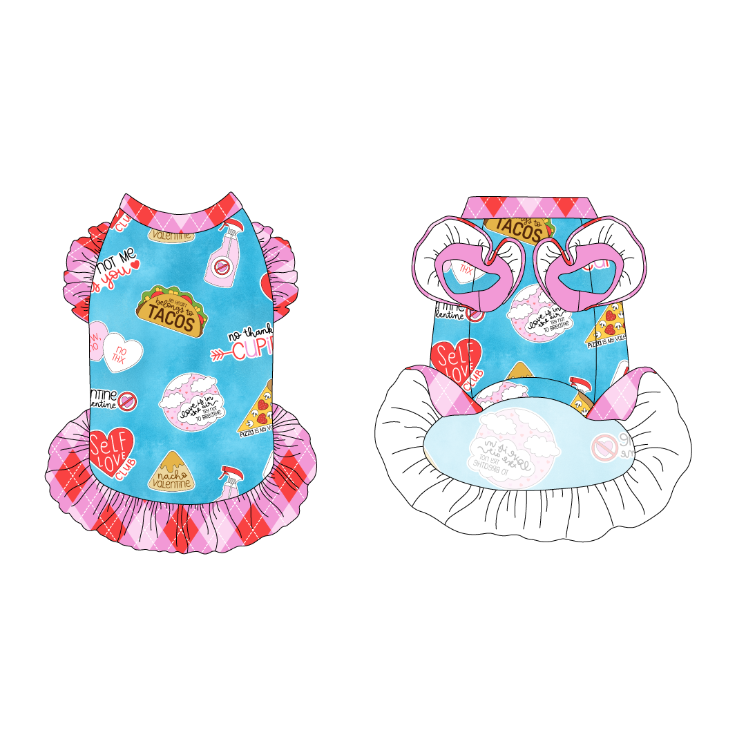 Dress with ruffle accents on the shoulders and girly ruffle skirt in a dog friendly pattern that shows witty anti-Valentine phrases and fun images. It's complete with Valentine argyle plaid trim on the neck and ruffles, as well as a coordinating trim under the shoulder ruffles in solid pink.