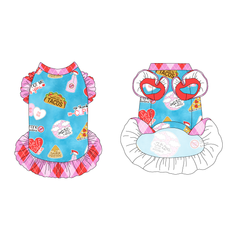 Dress with ruffle accents on the shoulders and girly ruffle skirt in a dog friendly pattern that shows witty anti-Valentine phrases and fun images. It's complete with Valentine argyle plaid trim on the neck and ruffles, as well as a coordinating trim under the shoulder ruffles in solid red.