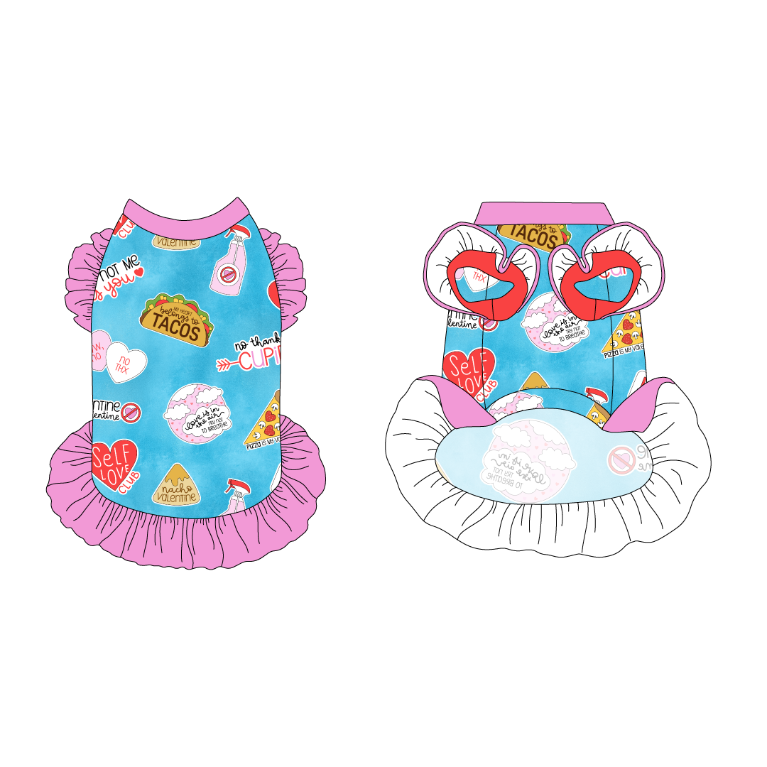 Dress with ruffle accents on the shoulders and girly ruffle skirt in a dog friendly pattern that shows witty anti-Valentine phrases and fun images. It's complete with solid pink trim on the neck and ruffles, as well as a coordinating trim under the shoulder ruffles in solid red.