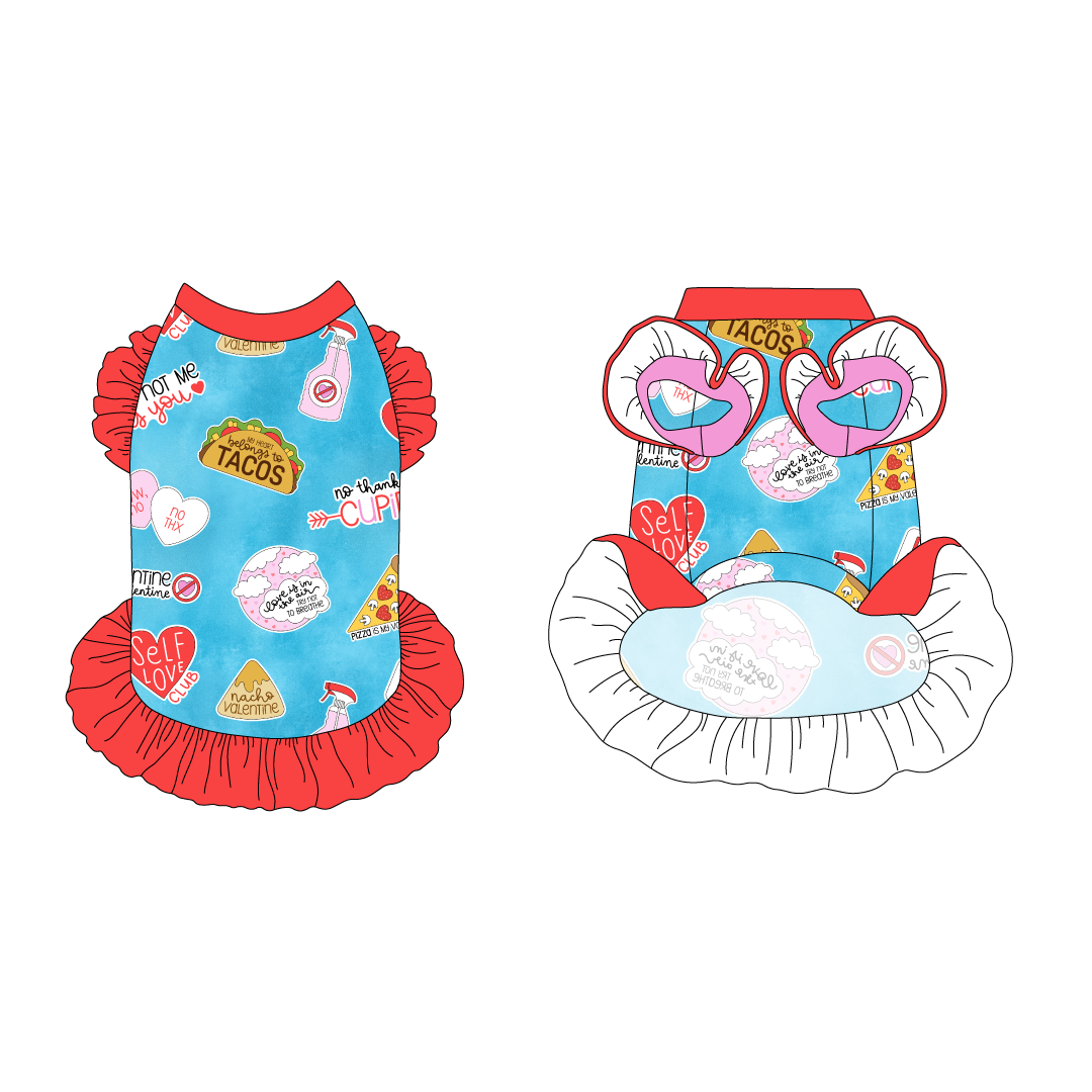 Dress with ruffle accents on the shoulders and girly ruffle skirt in a dog friendly pattern that shows witty anti-Valentine phrases and fun images. It's complete with solid red trim on the neck and ruffles, as well as a coordinating trim under the shoulder ruffles in solid pink.