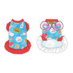 Dress with ruffle accents on the shoulders and girly ruffle skirt in a dog friendly pattern that shows witty anti-Valentine phrases and fun images. It's complete with solid red trim on the neck and ruffles, as well as a coordinating trim under the shoulder ruffles in solid pink.