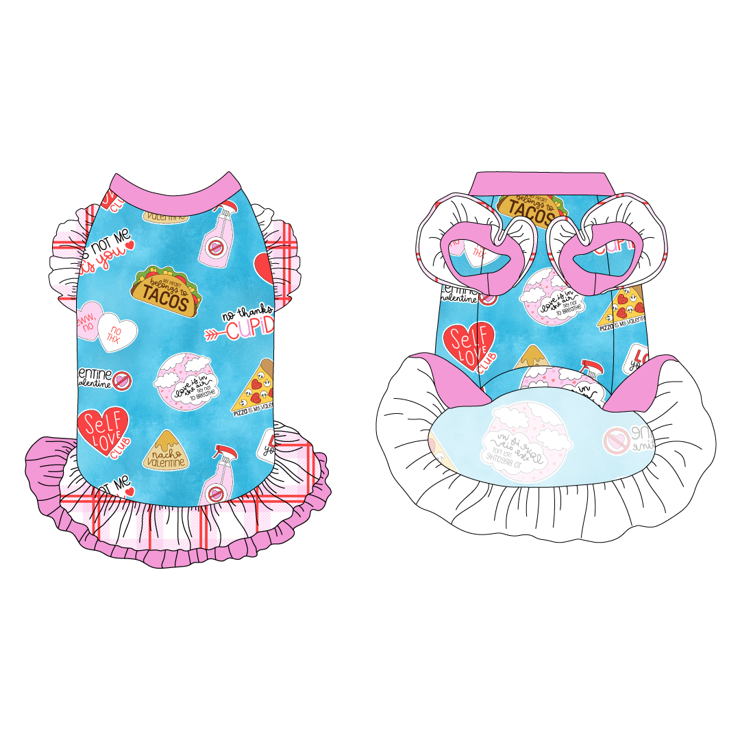 Dress with ruffle accents on the shoulders and girly double ruffle skirt in a dog friendly pattern that shows witty anti-Valentine phrases and fun images. It's complete with solid pink trim on the neck, red and pink plaid ruffles on the shoulders, a red and pink plaid asymmetrical ruffle on top of a solid pink ruffle skirt, as well as a coordinating trim under the shoulder ruffles in solid pink.