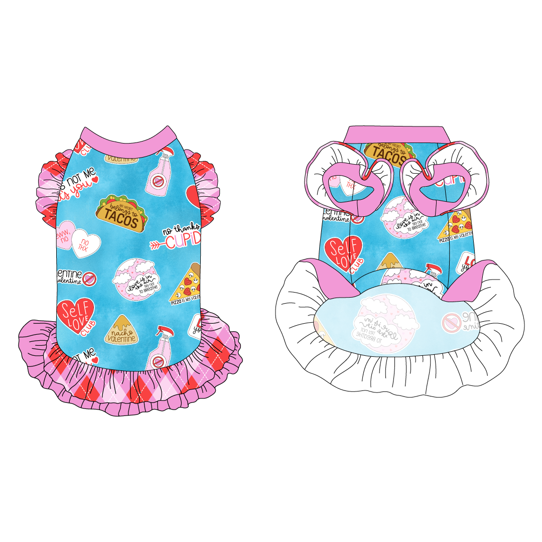 Dress with ruffle accents on the shoulders and girly double ruffle skirt in a dog friendly pattern that shows witty anti-Valentine phrases and fun images. It's complete with solid pink trim on the neck, Valentine argyle plaid ruffles on the shoulders, a Valentine argyle plaid asymmetrical ruffle on top of a solid redpinkruffle skirt, as well as a coordinating trim under the shoulder ruffles in solid pink.