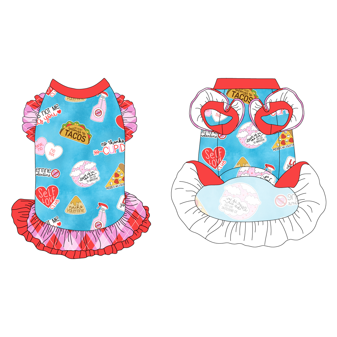 Dress with ruffle accents on the shoulders and girly double ruffle skirt in a dog friendly pattern that shows witty anti-Valentine phrases and fun images. It's complete with solid red trim on the neck, Valentine argyle plaid ruffles on the shoulders, a Valentine argyle plaid asymmetrical ruffle on top of a solid red ruffle skirt, as well as a coordinating trim under the shoulder ruffles in solid red.