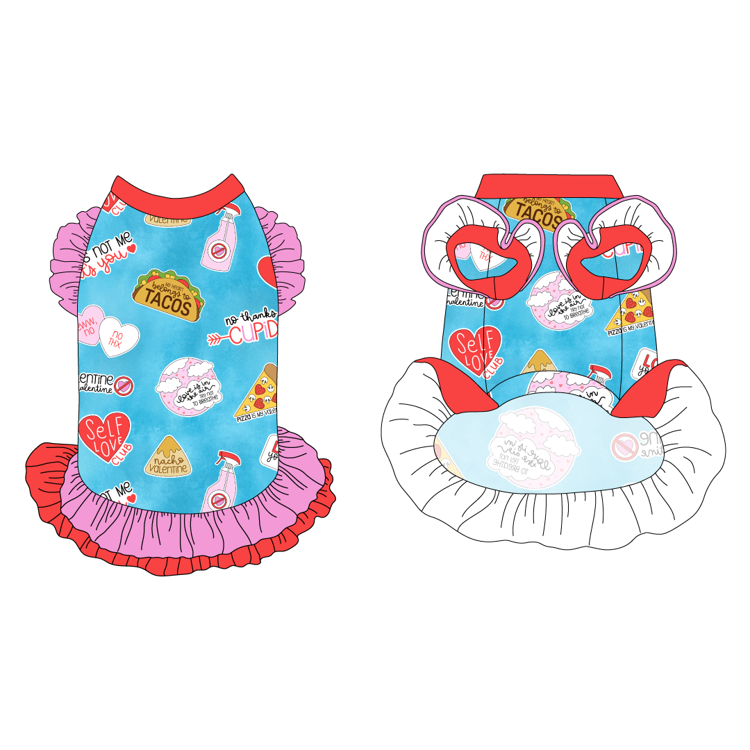 Dress with ruffle accents on the shoulders and girly double ruffle skirt in a dog friendly pattern that shows witty anti-Valentine phrases and fun images. It's complete with solid red trim on the neck, solid pink ruffles on the shoulders, a solid pink asymmetrical ruffle on top of a solid red ruffle skirt, as well as a coordinating trim under the shoulder ruffles in solid red.