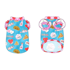 Tank with ruffle accents on the shoulders in a dog friendly pattern that shows witty anti-Valentine phrases and fun images. It's complete with Valentine argyle plaid trim on the neck, waist and shoulder ruffles, as well as a coordinating trim under the shoulder ruffles in solid pink.