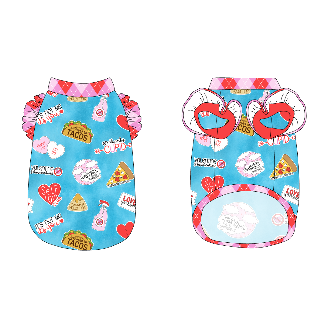 Tank with ruffle accents on the shoulders in a dog friendly pattern that shows witty anti-Valentine phrases and fun images. It's complete with Valentine argyle plaid trim on the neck, waist and shoulder ruffles, as well as a coordinating trim under the shoulder ruffles in solid red.