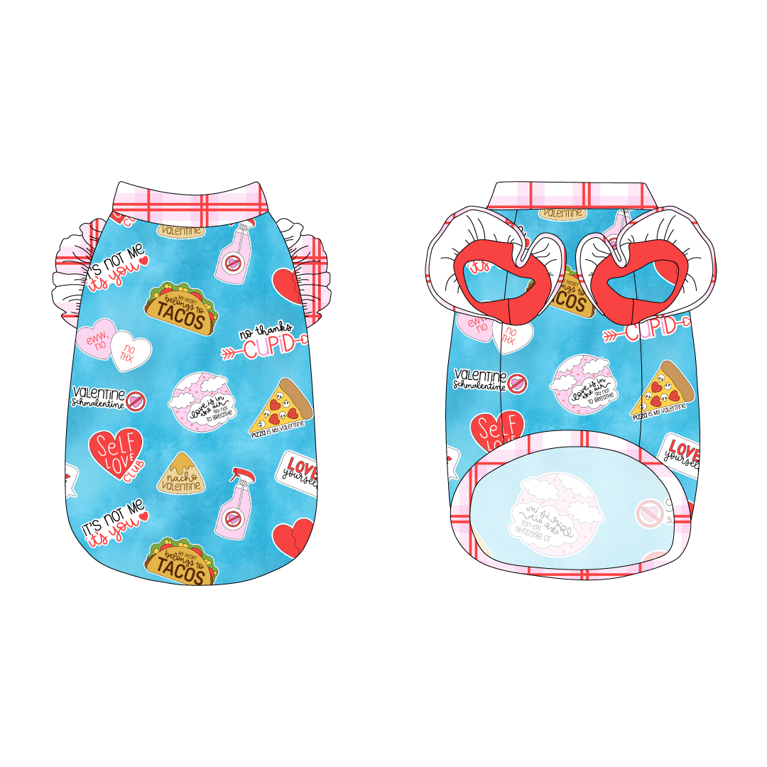 Tank with ruffle accents on the shoulders in a dog friendly pattern that shows witty anti-Valentine phrases and fun images. It's complete with red and pink plaid trim on the neck, waist and shoulder ruffles, as well as a coordinating trim under the shoulder ruffles in solid red.