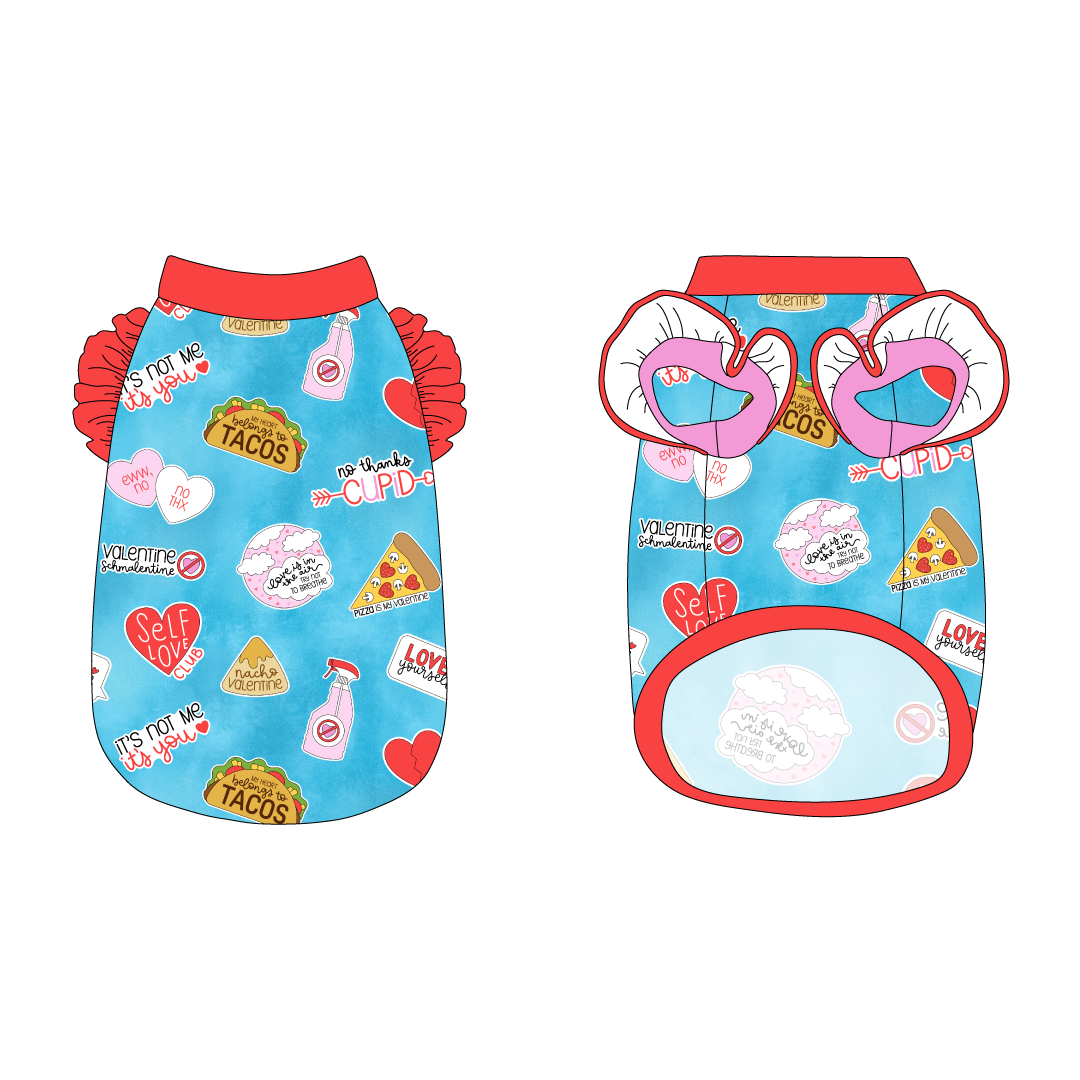 Tank with ruffle accents on the shoulders in a dog friendly pattern that shows witty anti-Valentine phrases and fun images. It's complete with solid red trim on the neck, waist and shoulder ruffles, as well as a coordinating trim under the shoulder ruffles in solid pink.