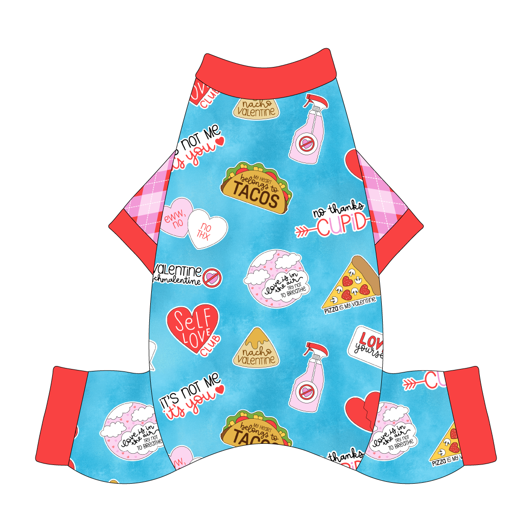 Comfy Pajamas with Valentine argyle plaid sleeves and a dog friendly pattern that shows witty anti-Valentine phrases and fun images. It's complete with solid red trim on the neck, sleeves and legs.