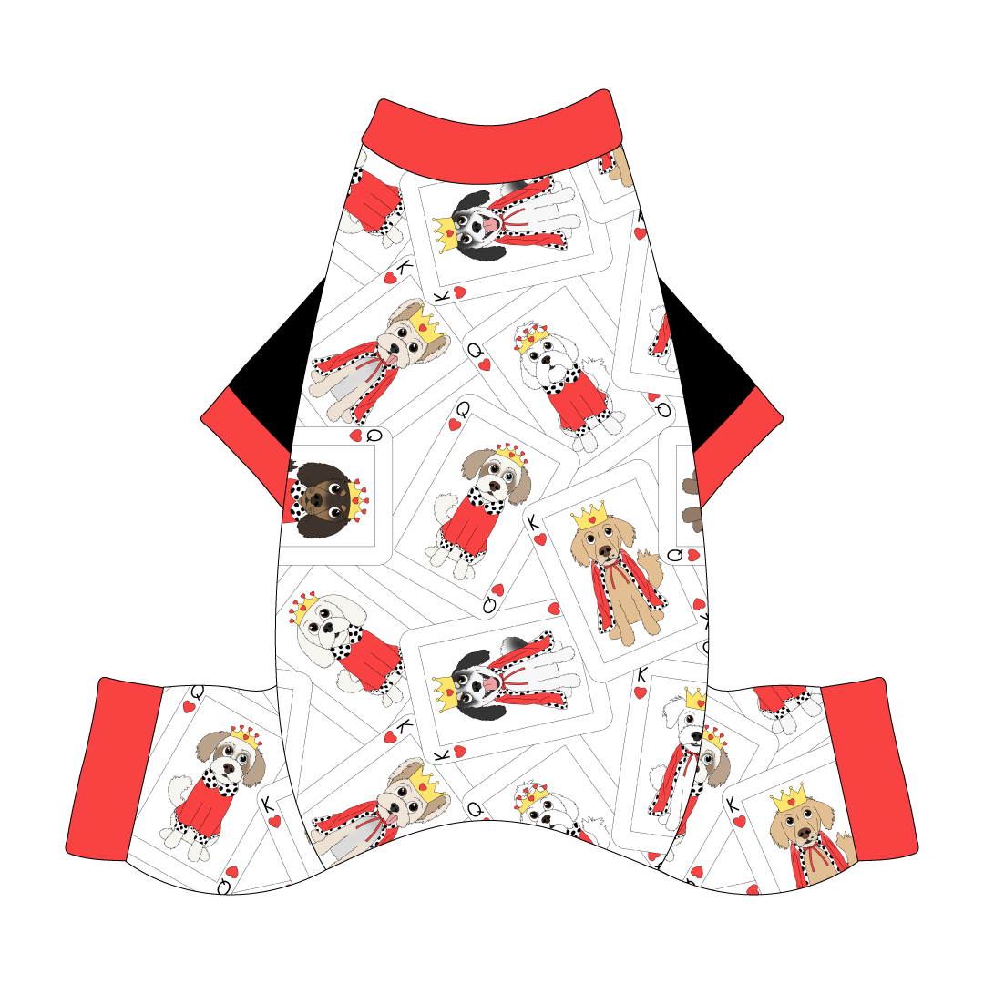 Comfy Pajamas with solid black sleeves and a dog friendly pattern that shows boy and girl dogs dressed as kings and queens on playing cards. It's complete with solid red trim on the neck, sleeves and legs.