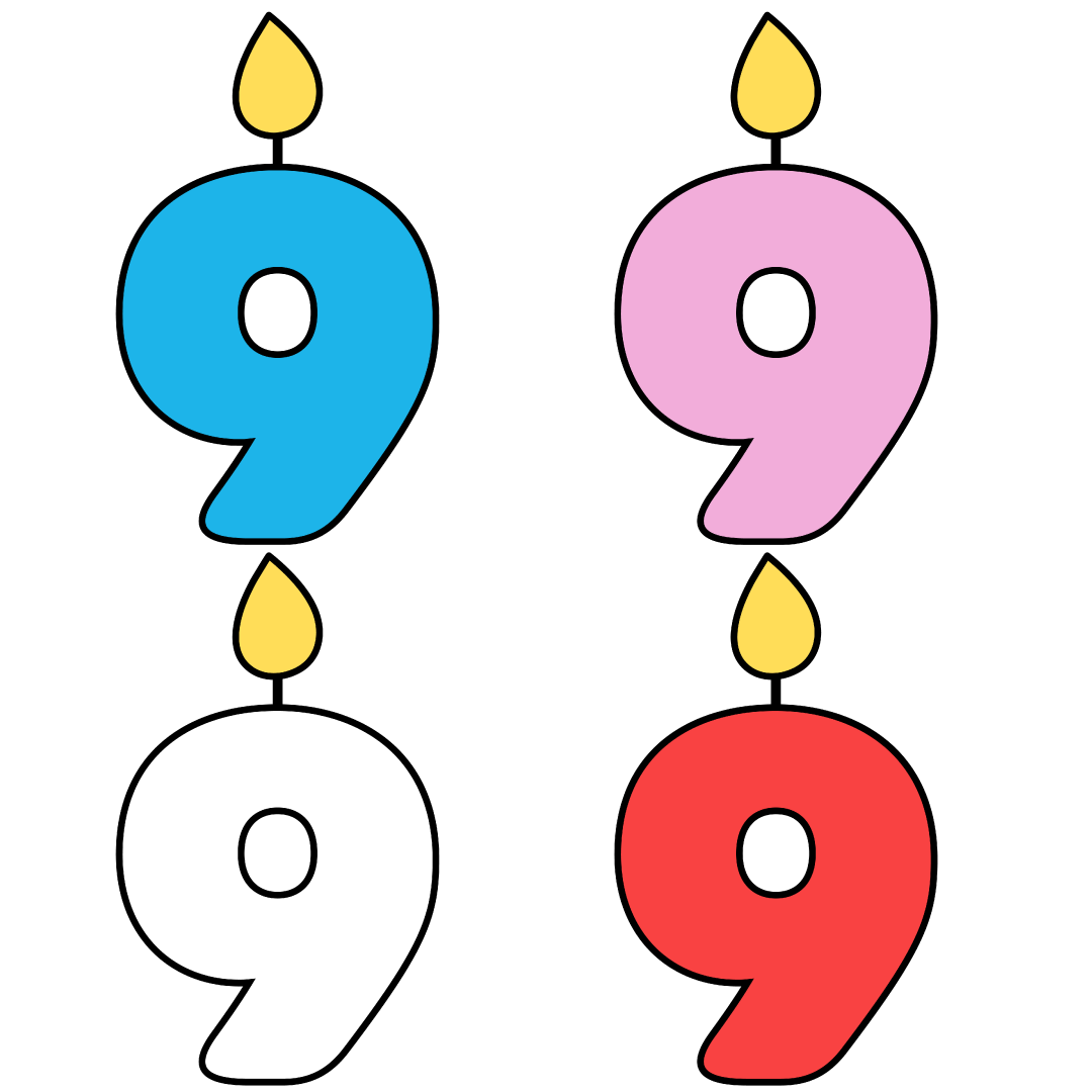 Celebratory candles, the number nine, in the colors white, blue, pink and red.