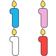 Celebratory candles, the number one, in the colors white, blue, pink and red.