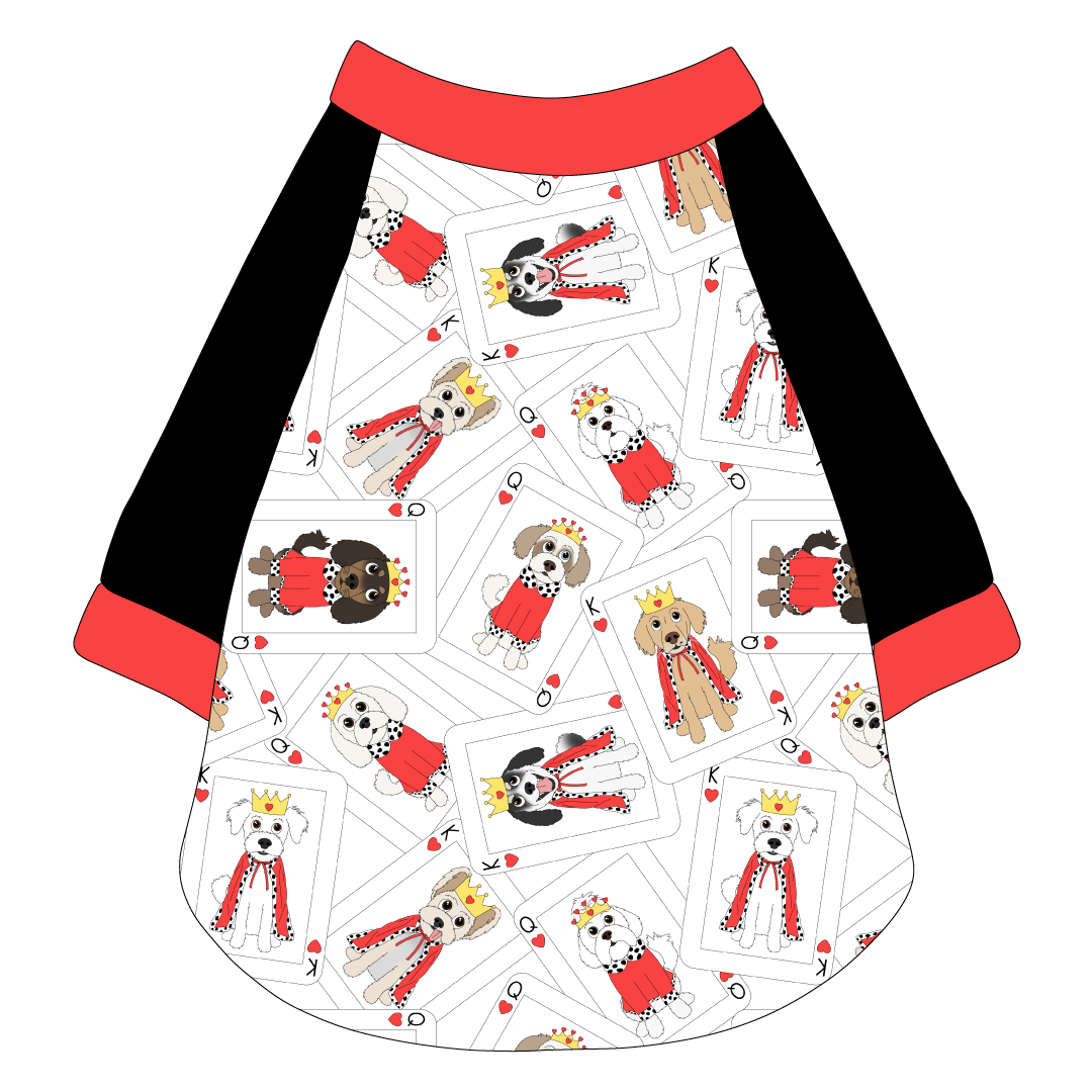 Raglan style tee in a dog friendly pattern that shows boy and girl dogs dressed as kings and queens on playing cards. It's complete with solid black sleeves, with solid red trim on the sleeve edges, neck and waist.