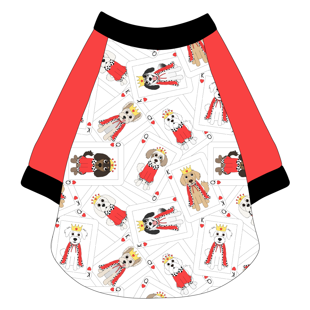 Raglan style tee in a dog friendly pattern that shows boy and girl dogs dressed as kings and queens on playing cards. It's complete with solid red sleeves, with solid black trim on the sleeve edges, neck and waist.