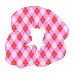 Scrunchie hair accessory in a dog friendly pattern that shows Valentine argyle plaid.