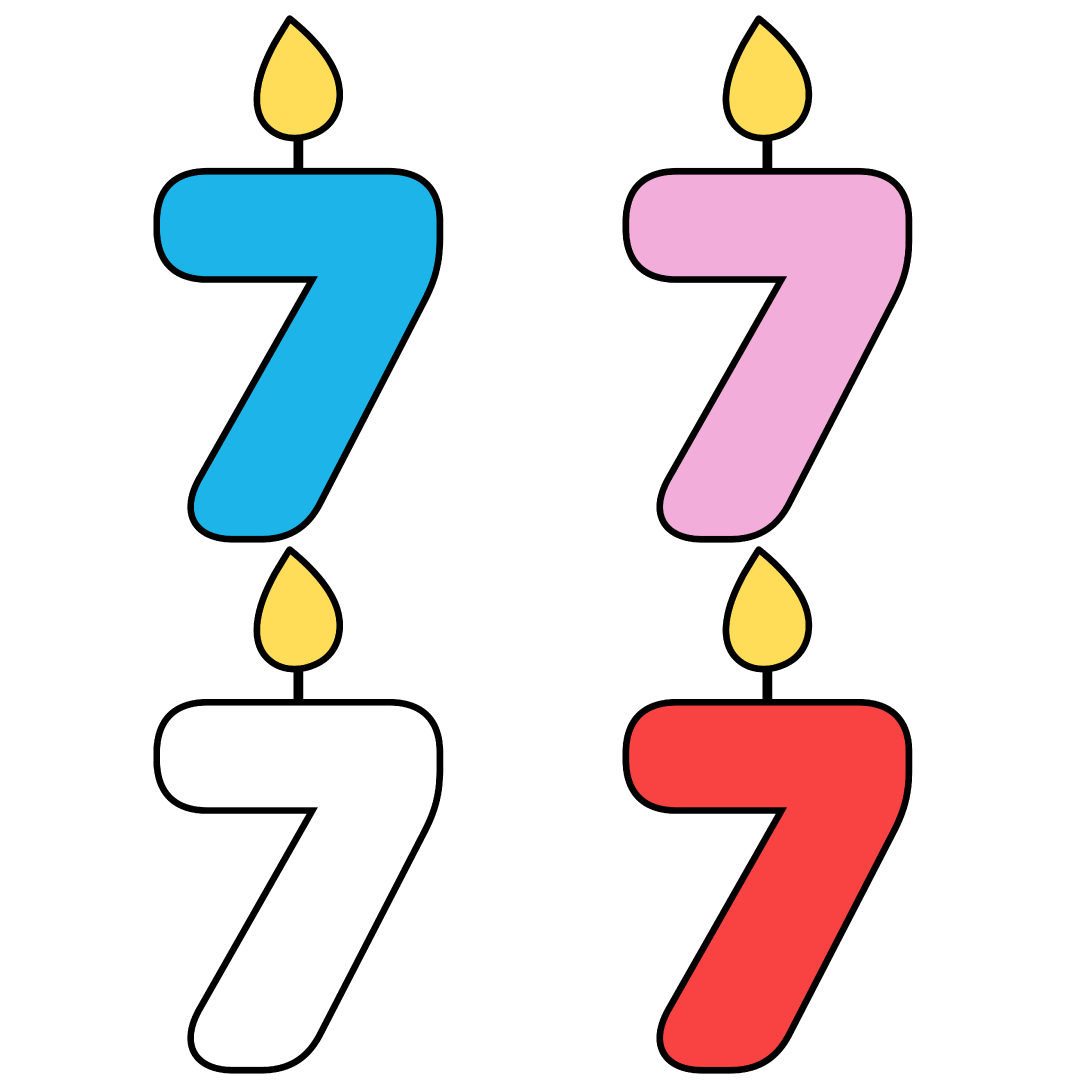 Celebratory candles, the number seven, in the colors white, blue, pink and red.