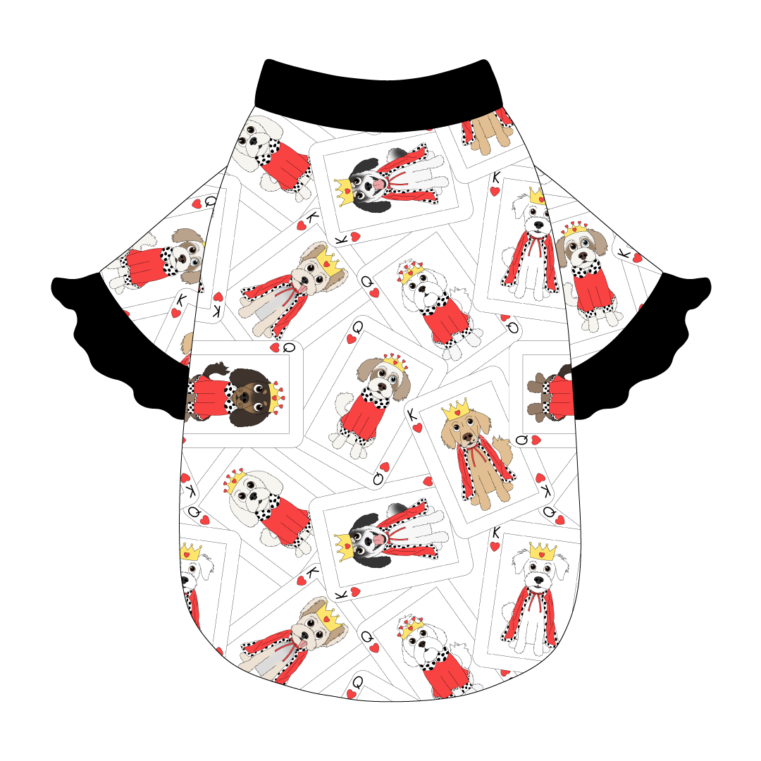 Tee style in a dog friendly pattern that shows boy and girl dogs dressed as kings and queens on playing cards. It's complete with solid black ruffles on the sleeve edges, as well as trim on the neck and waist.