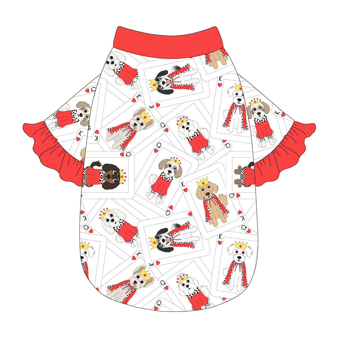 Tee style in a dog friendly pattern that shows boy and girl dogs dressed as kings and queens on playing cards. It's complete with solid red ruffles on the sleeve edges, as well as trim on the neck and waist.